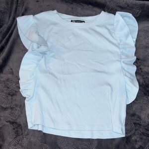 Ribbed Blue Zara Ruffle Sleeve Top